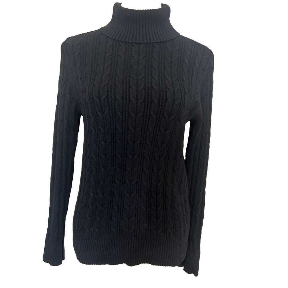 St John Bay Womens L Black Cable Knit Cotton Nylon Turtle Neck Pullover Sweater